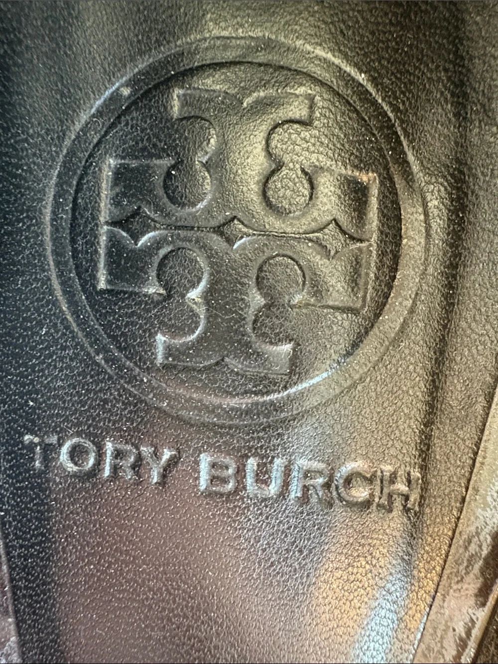 Tory Burch Black Patent Logo Block Heel Flats with Gold Heel Accent